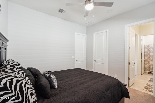 23060 E Sonoqui Blvd, Queen Creek, AZ 85142 - bedroom featuring light carpet, a ceiling fan, and light tile patterned floors