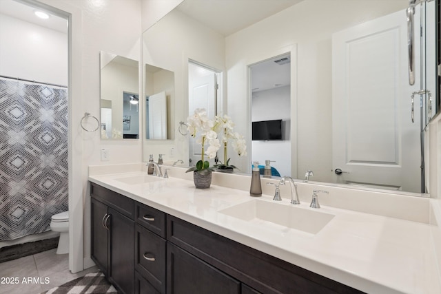 23060 E Sonoqui Blvd, Queen Creek, AZ 85142 - full bathroom featuring double vanity, tile patterned floors, and curtained shower