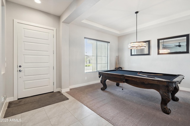 23060 E Sonoqui Blvd, Queen Creek, AZ 85142 - game room with pool table, tile patterned flooring, carpet floors, recessed lighting, and a tray ceiling