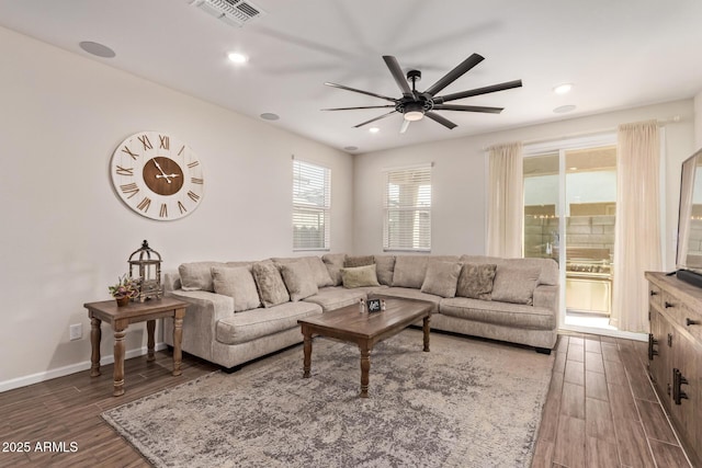 living room featuring recessed lighting, visible vents, ceiling fan, and wood finished floors