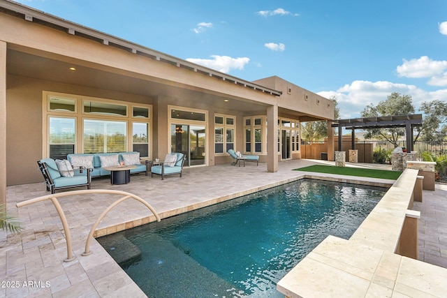 view of swimming pool featuring an outdoor hangout area, a patio, and a pergola