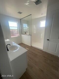 bathroom featuring vanity and hardwood / wood-style floors