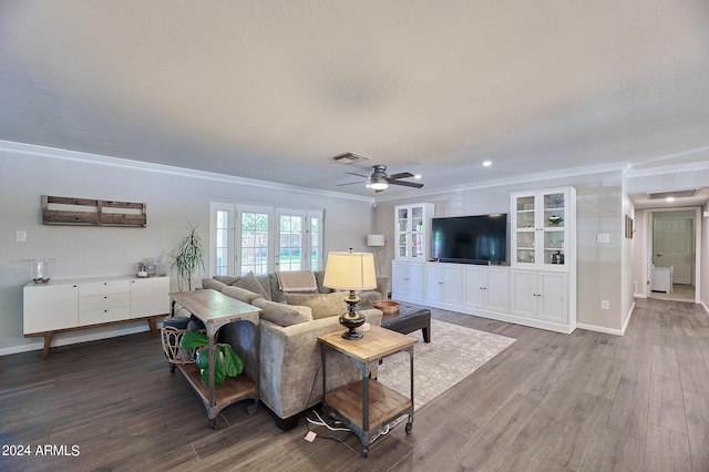 8049 N 16th Ave, Phoenix, AZ 85021 - living area featuring ornamental molding, wood finished floors, a ceiling fan, baseboards, and recessed lighting
