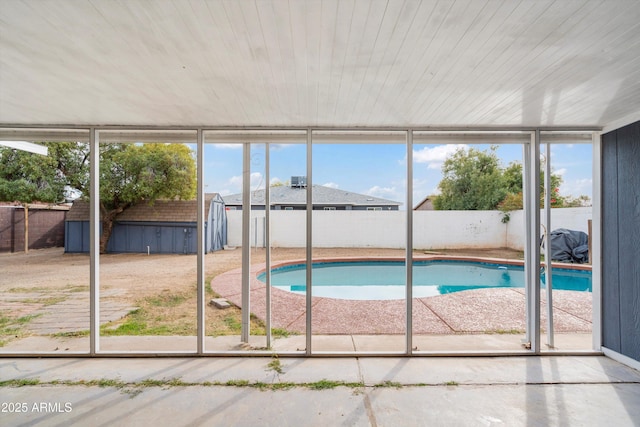 view of pool featuring a patio area and a shed