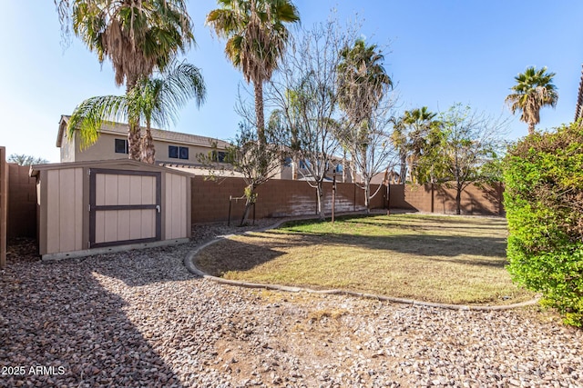 view of yard featuring a storage shed