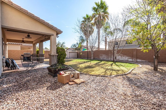 view of yard with ceiling fan, a storage unit, and a patio