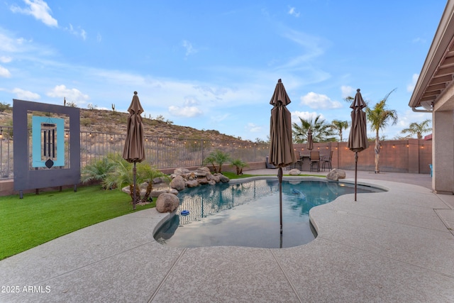 view of pool with a yard and a patio