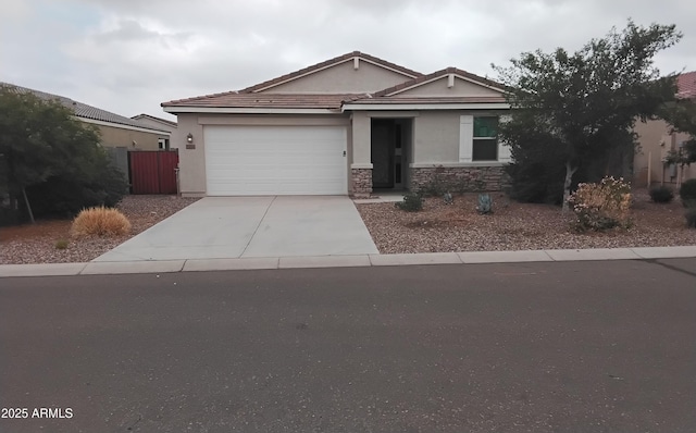7284 E Gamebird Way, San Tan Valley, AZ 85143 - ranch-style house with a garage, driveway, stucco siding, and stone siding