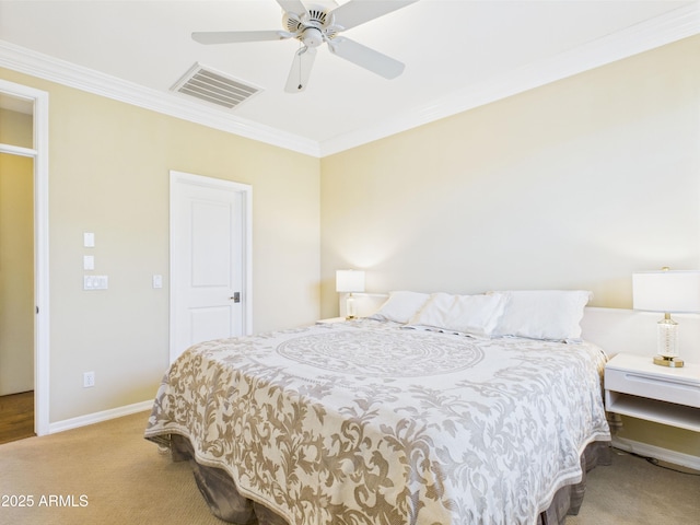 bedroom featuring carpet, ornamental molding, baseboards, and a ceiling fan