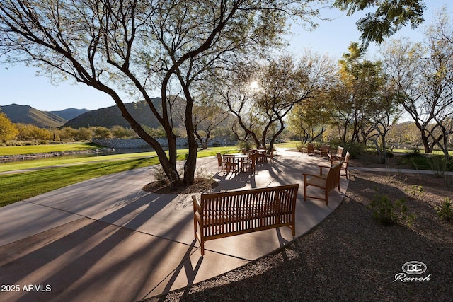 view of patio featuring a mountain view