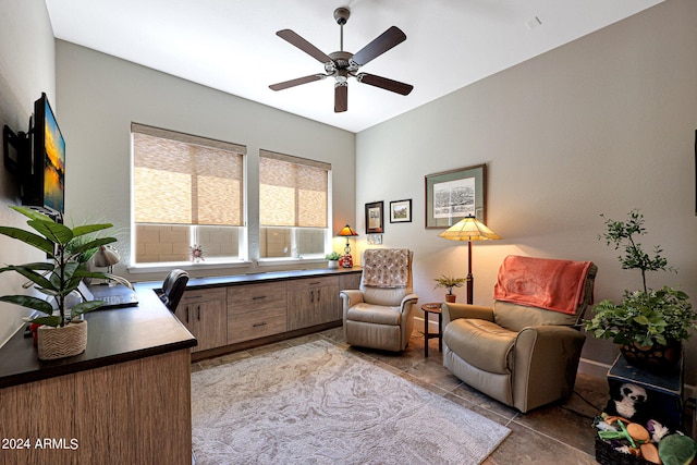 office featuring tile flooring and ceiling fan