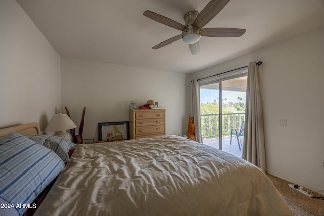 carpeted bedroom with access to outside and ceiling fan