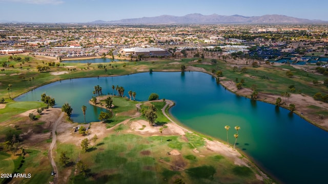 bird's eye view featuring a water and mountain view