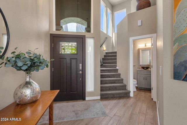 entrance foyer featuring a towering ceiling and light hardwood / wood-style floors