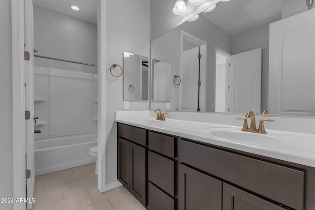 full bathroom with tile patterned floors, shower / tub combination, vanity, and toilet