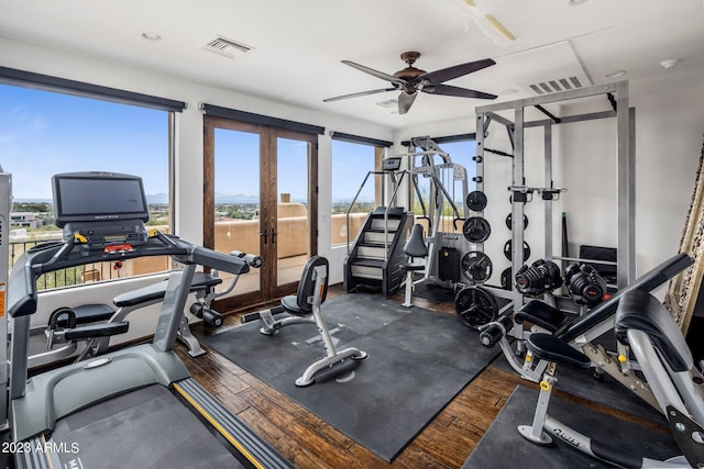 gym featuring a wealth of natural light, dark hardwood / wood-style flooring, ceiling fan, and french doors