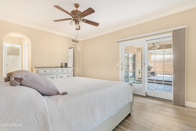 bedroom with ornamental molding, access to exterior, ceiling fan, and light hardwood / wood-style flooring