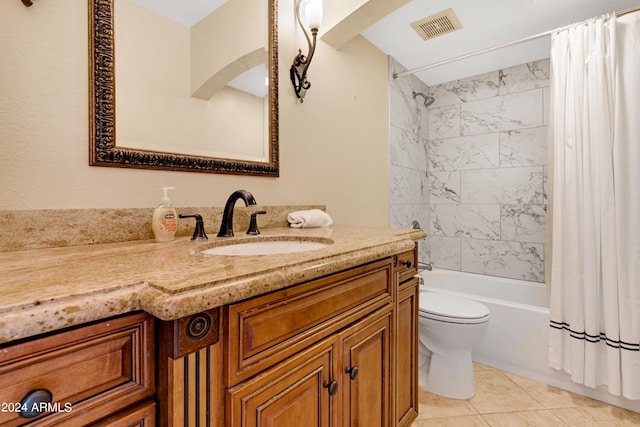 full bathroom featuring shower / bath combination with curtain, tile patterned floors, vanity, and toilet