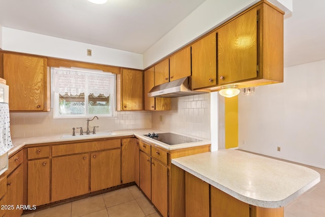 kitchen featuring black electric cooktop, light countertops, a sink, and under cabinet range hood