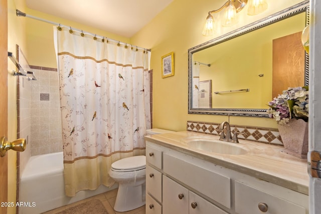 full bath with toilet, tile patterned flooring, vanity, and shower / bath combo with shower curtain