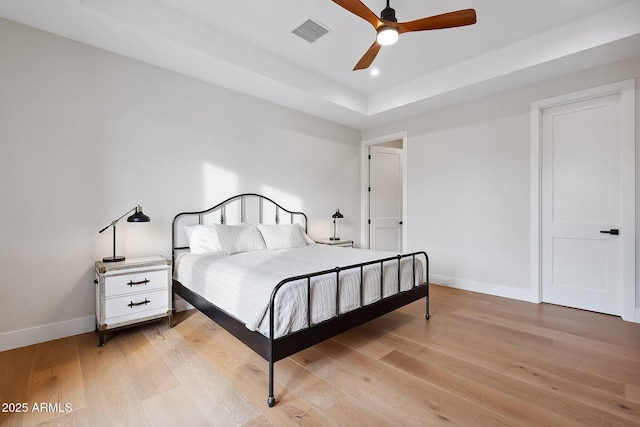 bedroom featuring recessed lighting, visible vents, light wood-style flooring, and baseboards