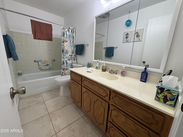 full bathroom with shower / bath combination with curtain, vanity, toilet, and tile patterned flooring