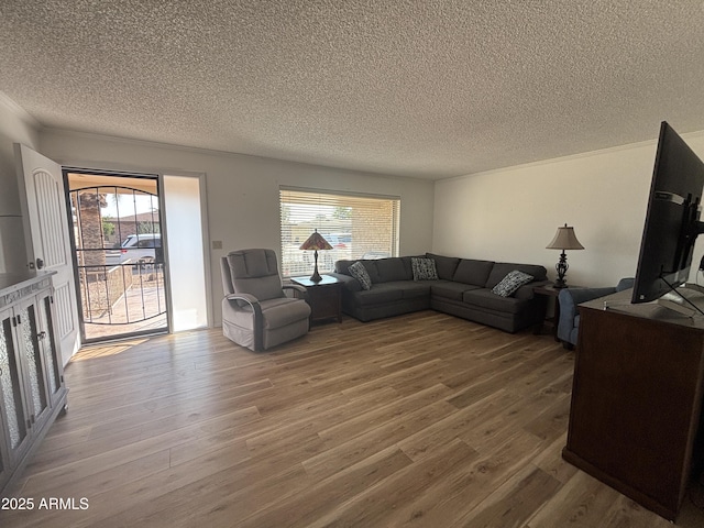 living room featuring a wealth of natural light, wood-type flooring, and a textured ceiling