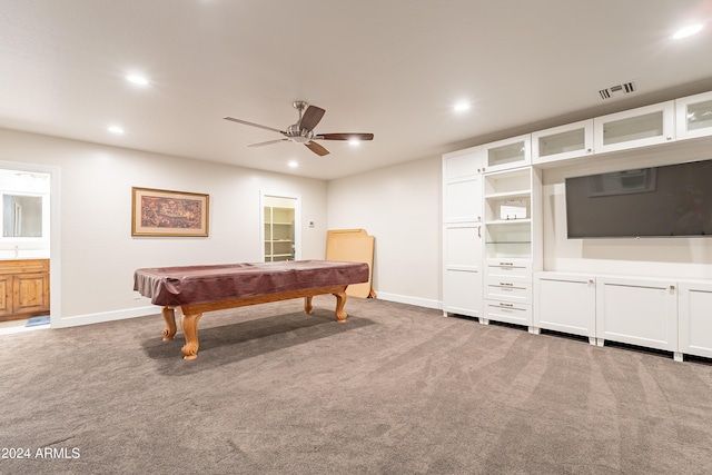 recreation room featuring carpet flooring, ceiling fan, and billiards