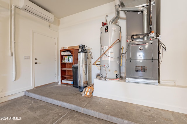 utility room with a wall mounted air conditioner, heating unit, and water heater