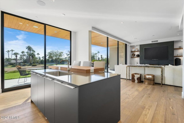 kitchen with a center island with sink, floor to ceiling windows, light wood-type flooring, and sink