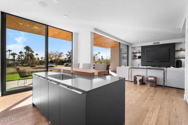 kitchen featuring a wall of windows, light wood-type flooring, sink, and a kitchen island with sink