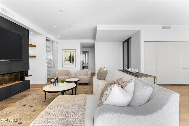 living room featuring a large fireplace and light hardwood / wood-style flooring