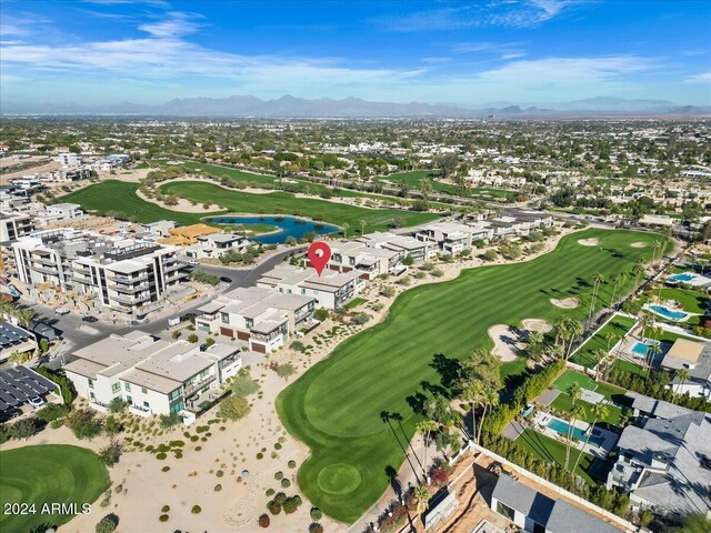 6311 E Phoenician Blvd Unit 21, Scottsdale, AZ 85251 - aerial view of property and surrounding area featuring a golf course, a water and mountain view, and nearby suburban area