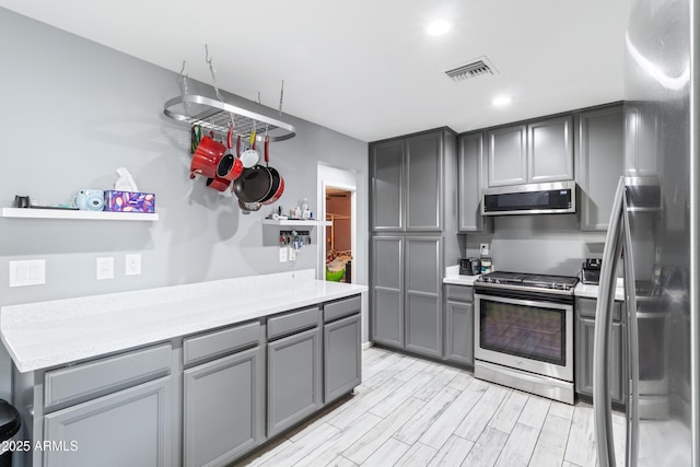 kitchen with gray cabinetry, light wood-type flooring, and appliances with stainless steel finishes