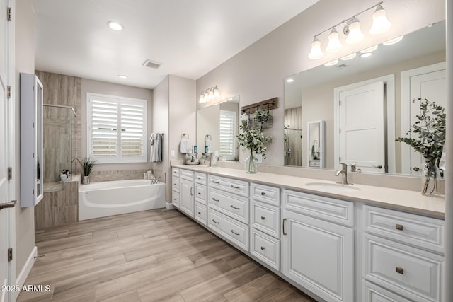 bathroom featuring double vanity, visible vents, a bath, a shower stall, and a sink