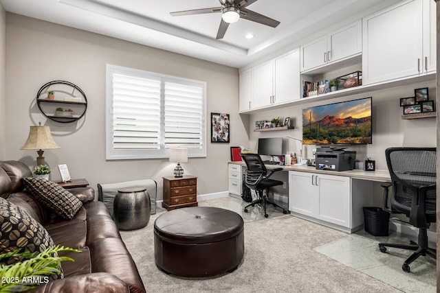 office space with recessed lighting, light carpet, ceiling fan, and baseboards