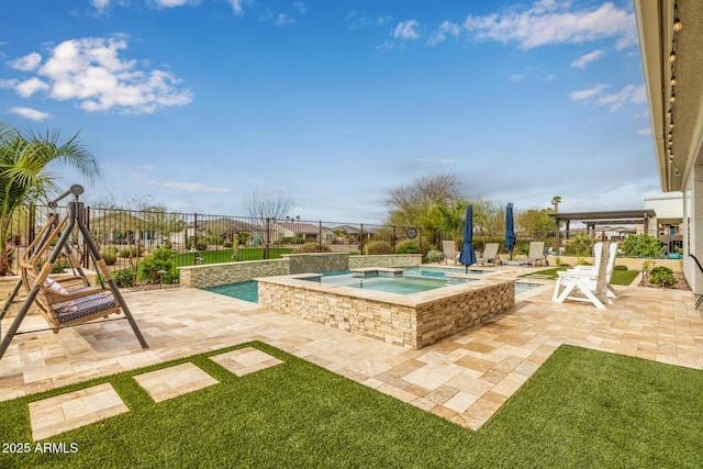 view of swimming pool featuring a lawn, a fenced in pool, a patio, an in ground hot tub, and fence