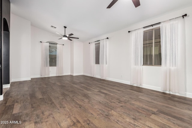 46065 W Meadows Ln, Maricopa, AZ 85139 - unfurnished room with a ceiling fan, lofted ceiling, and wood finished floors
