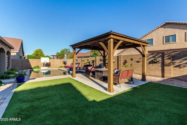 46065 W Meadows Ln, Maricopa, AZ 85139 - fenced backyard with a gazebo, an outdoor living space, and a patio