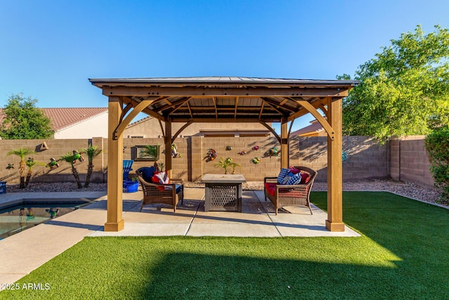 46065 W Meadows Ln, Maricopa, AZ 85139 - fenced backyard featuring a gazebo, an outdoor hangout area, and a patio area