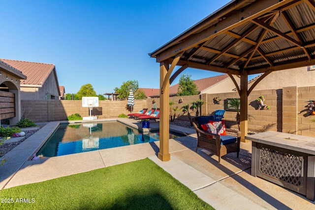 46065 W Meadows Ln, Maricopa, AZ 85139 - view of swimming pool with a gazebo, a patio area, and a fenced backyard