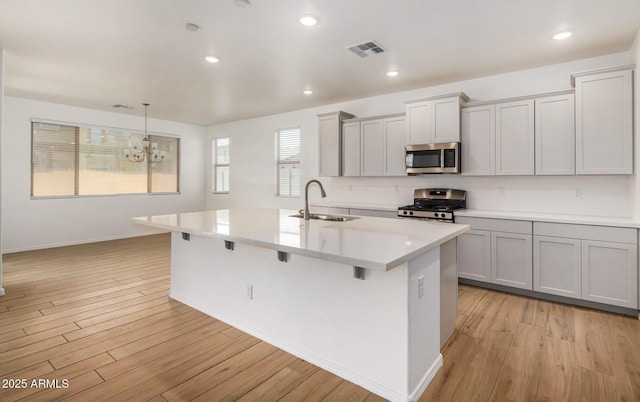 kitchen featuring visible vents, appliances with stainless steel finishes, light wood-style floors, a sink, and a kitchen bar