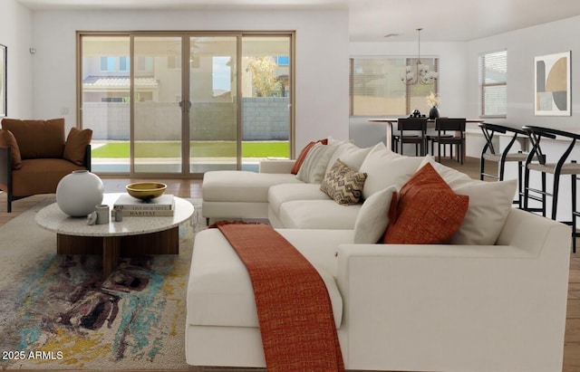 living room featuring a chandelier and wood finished floors