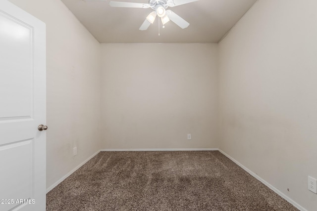 empty room featuring carpet floors, a ceiling fan, and baseboards