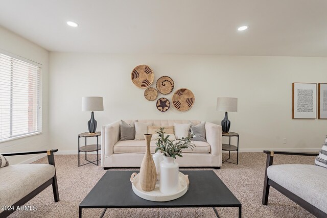 living room featuring light colored carpet