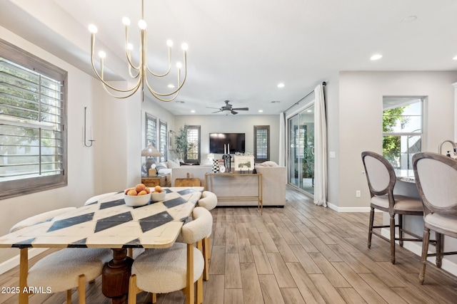 1941 W Yellowstone Way, Chandler, AZ 85248 - dining room featuring light wood finished floors, baseboards, recessed lighting, a ceiling fan, and a chandelier