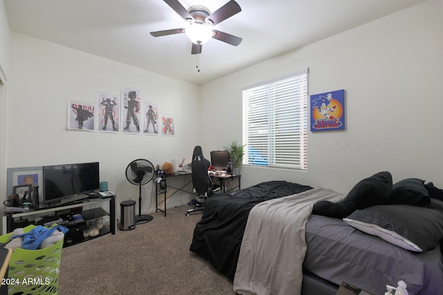 carpeted bedroom with ceiling fan