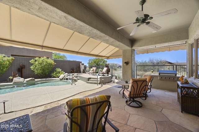 14007 E Lupine Ave, Scottsdale, AZ 85259 - fenced backyard featuring area for grilling, ceiling fan, a patio area, and a hot tub