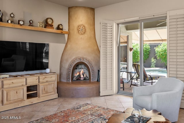 14007 E Lupine Ave, Scottsdale, AZ 85259 - living room featuring a large fireplace and light tile patterned flooring