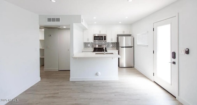 4450 N Longview Ave, Phoenix, AZ 85014 - kitchen with stainless steel appliances, light countertops, white cabinets, tasteful backsplash, and light wood-style flooring